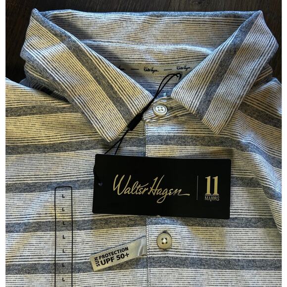 Walter Hagen 11 Denim Blue and White Striped UPF 50 Men's Polo Shirt Large - Picture 9 of 10